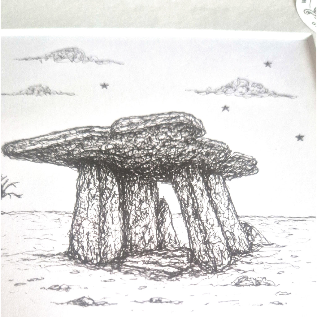 Black and white illustration of Poulnabrone Dolmen in the Burren, County Clare, Ireland