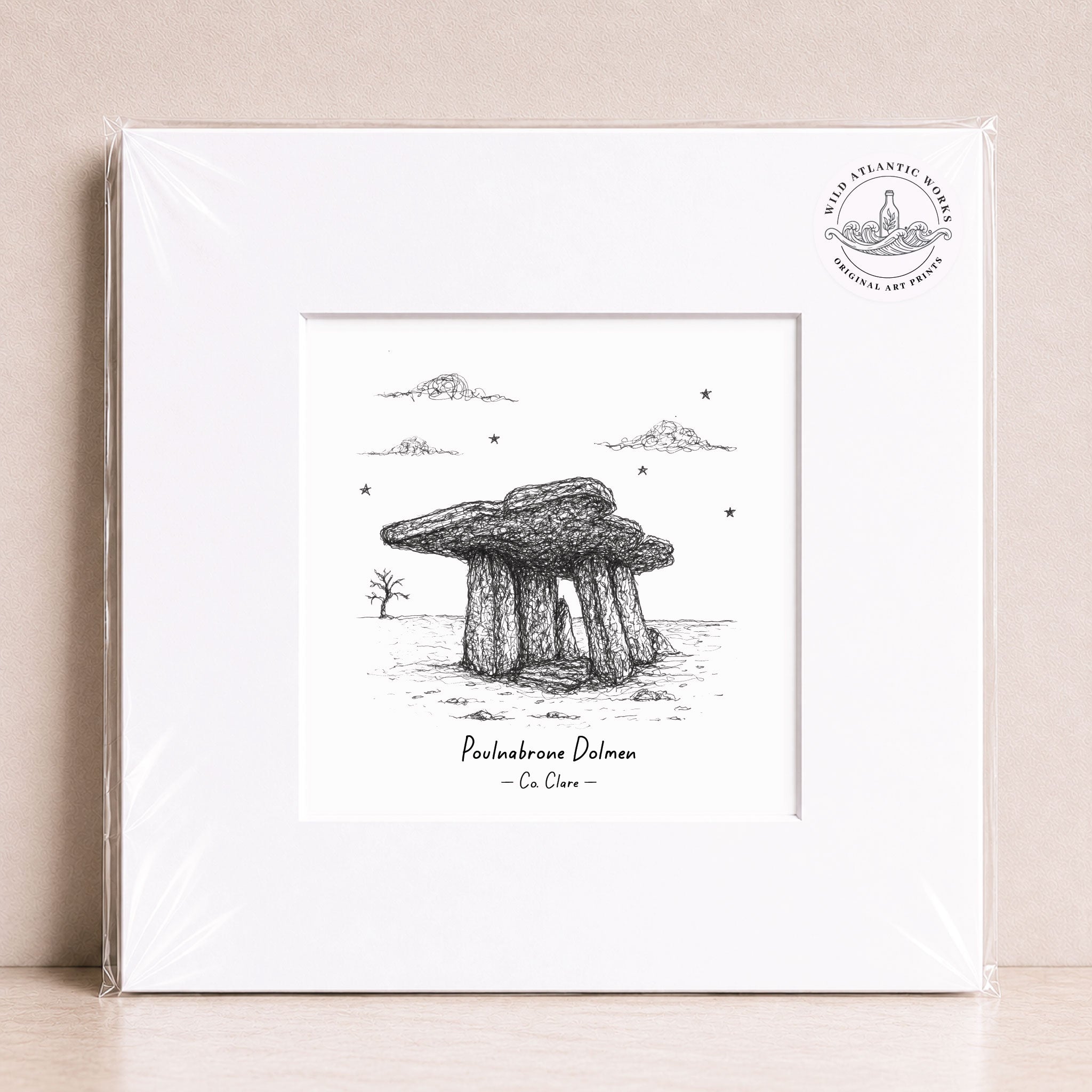 Black and white illustration of Poulnabrone Dolmen in the Burren, County Clare, Ireland